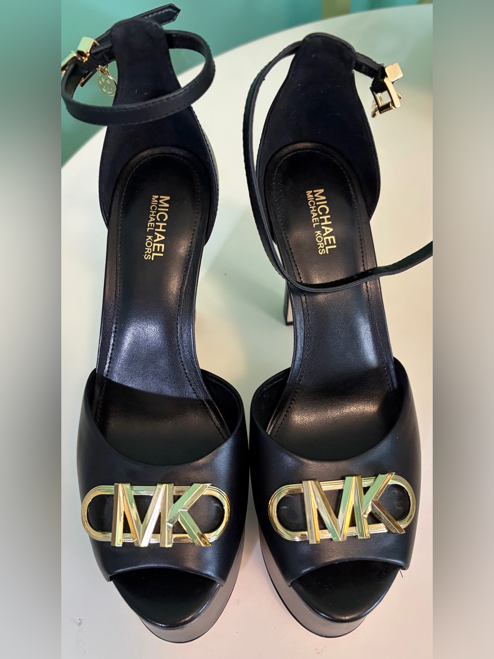 MICHAEL Michael Kors Martina Black Leather Peep-Toe Heels with Gold MK Accent